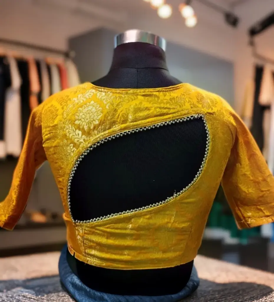 Yellow Sabyasachi Cut Katan Bernarasi Blouse || Leaf Cut back 