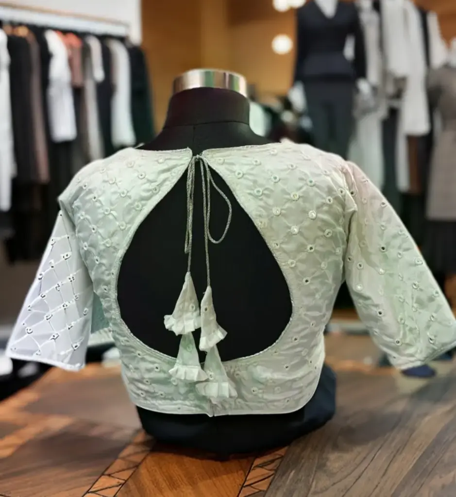 White V-Neck with Frill Detailing Fall Mirror Work Blouse || Water Drop Cut back 