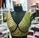 Green Dual Tone V-Neck brocket silk Blouse || V-Cut back 