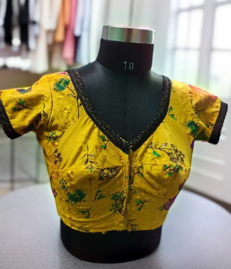 Yellow Bombay Cut V-Neck Rion Blouse || V-Cut back 