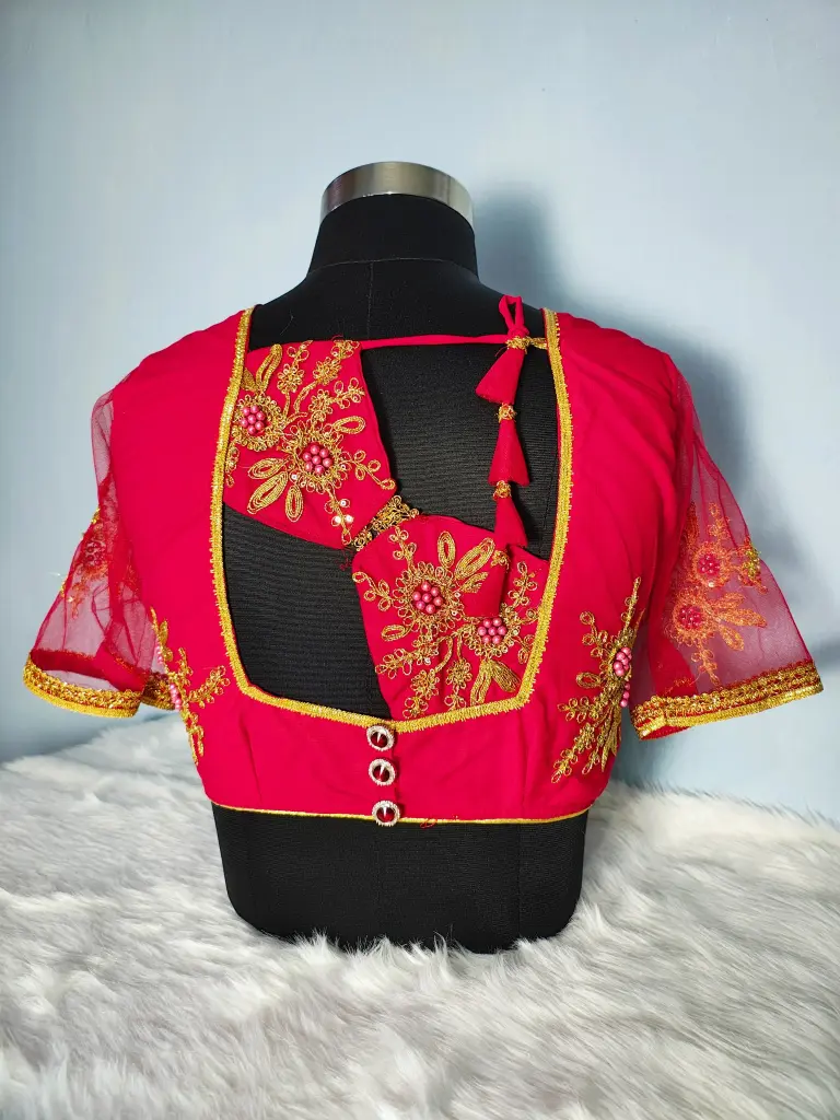 Red Princess Cut Net Blouse || Square with Patch work back 