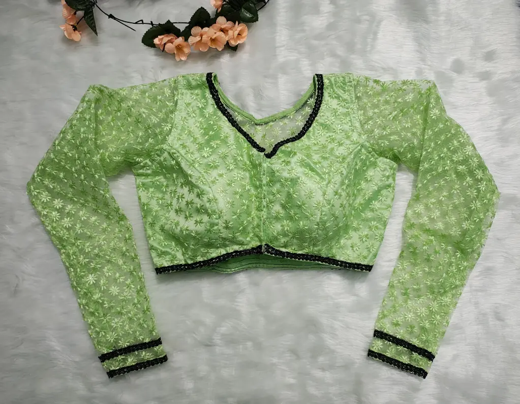 Mint Green Princess Cut Embroidery Work Blouse || Boat Neck back 