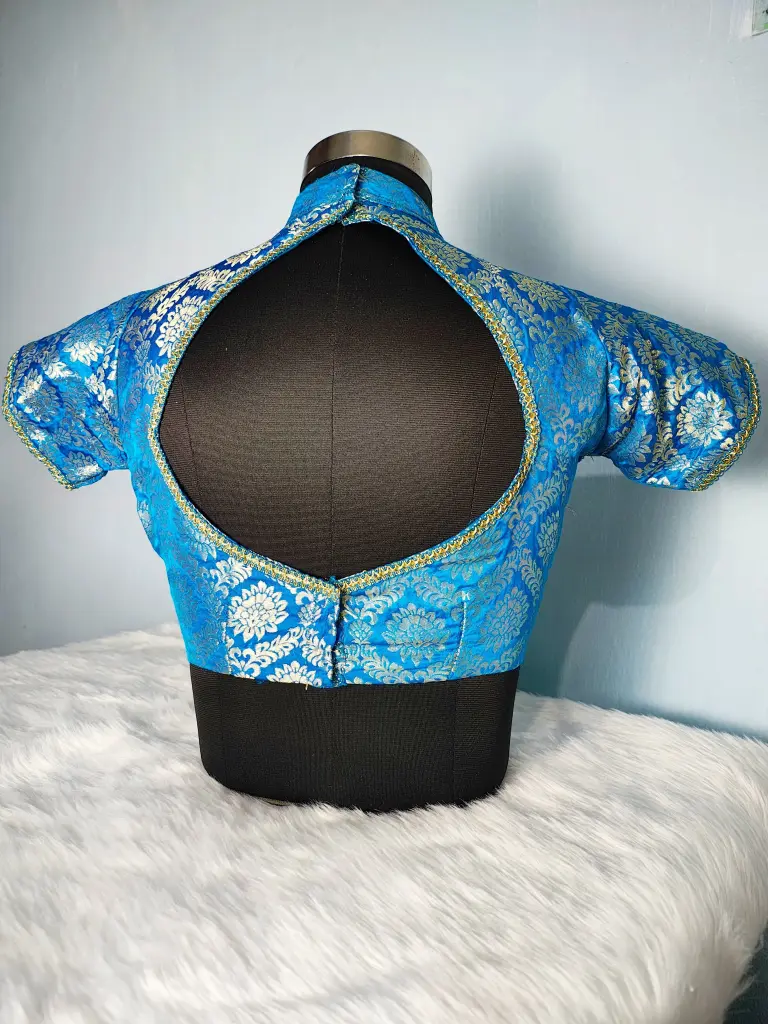 Deep Sky Blue High neck Princess Cut Katan Bernarasi Blouse || Rhombus Cut back 